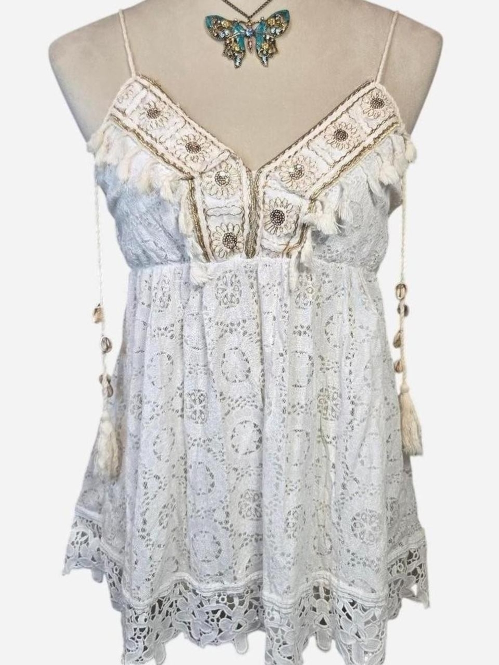Italian Euro Y2K Lace Tassel Cami Top 100% Cotton White Pooka Shell Top Small